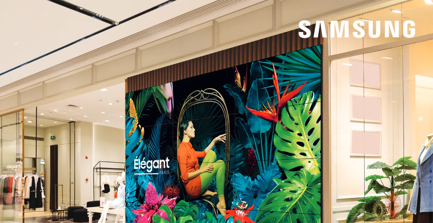 Samsung video wall displaying fashion content in a retail storefront